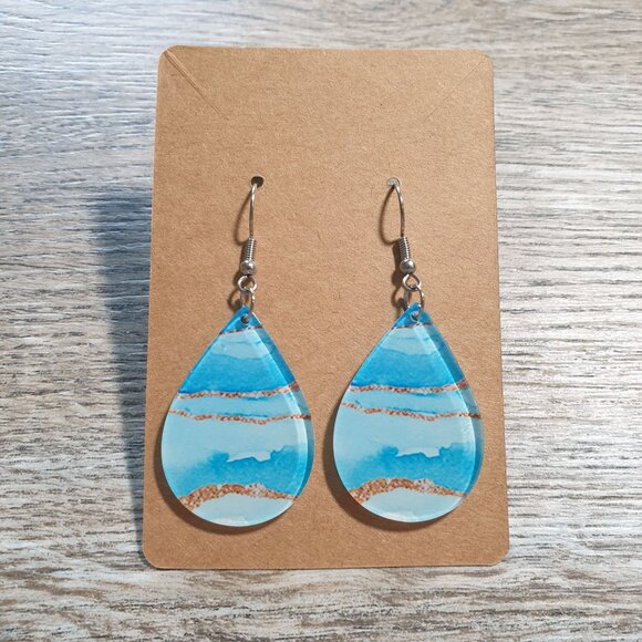 Handmade Jewelry - Handmade Teardrop Dangle Earrings Blue Beach Wave Design Stainless Steel Hooks